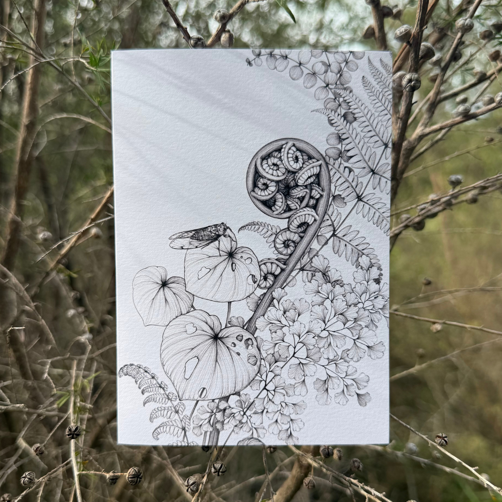 Card - Old Life, New Growth -  Kihikihi / Cicada & Koru of a Punga Fern